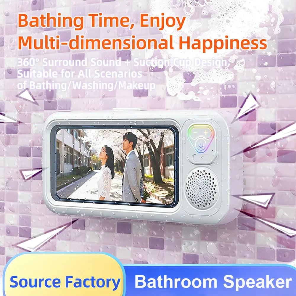 Bathroom Waterproof Bluetooth Speaker Mobile Phone Case Anti-Fog Touch Screen 360 Rotation for Shower Kitchen Swim Universal